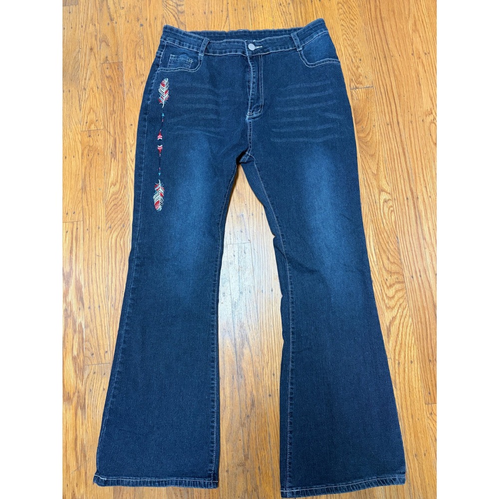Boho Feather Embroidered Flare Jeans Women's XXL Dark Wash Wide Leg Bell Bottoms